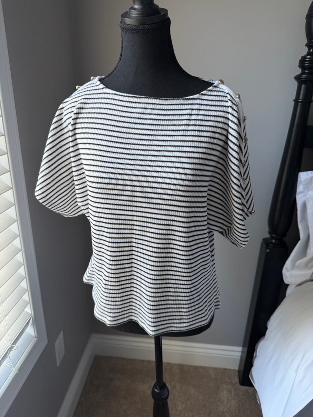 Black & White Striped Women's Knit Top with Button Shoulder Detail
